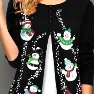 Women’s Christmas Blouse ROTITA Christmas Snowman Print Contrast Panel